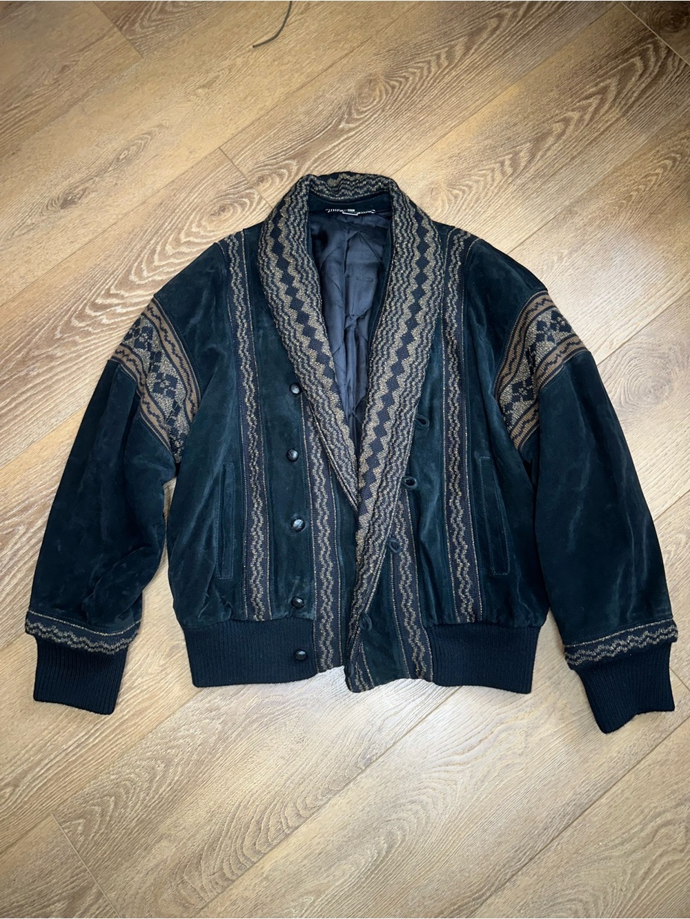 80s Breco's Italy Suede & Wool Knit Shawl Collar Bomber Jacket - EU52 USL - EUC